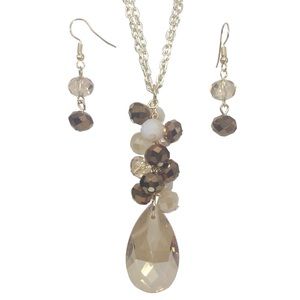 Brown Teardrop Cream Cluster Long Necklace Set